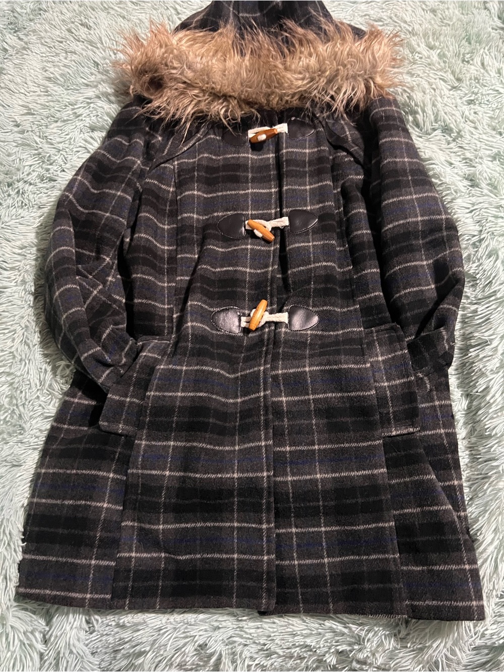 CoffeeShop Black & Gray Plaid Hooded Toggle Pea Coat with Faux Fur Trim